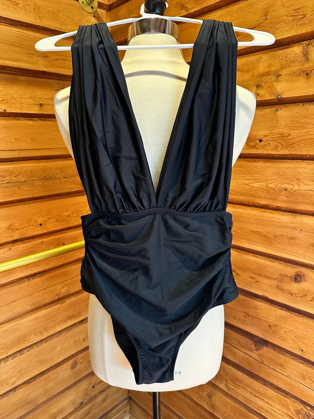 Cupshe NWT Black Plunge One-Piece Swimsuit Ruched Tummy